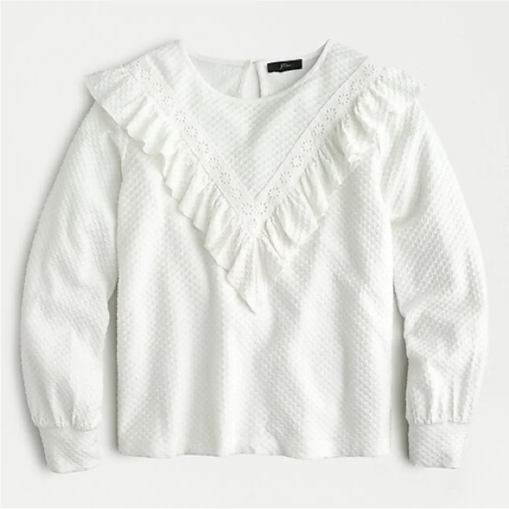 J. Crew White Textured Ruffle Long-Sleeve Blouse